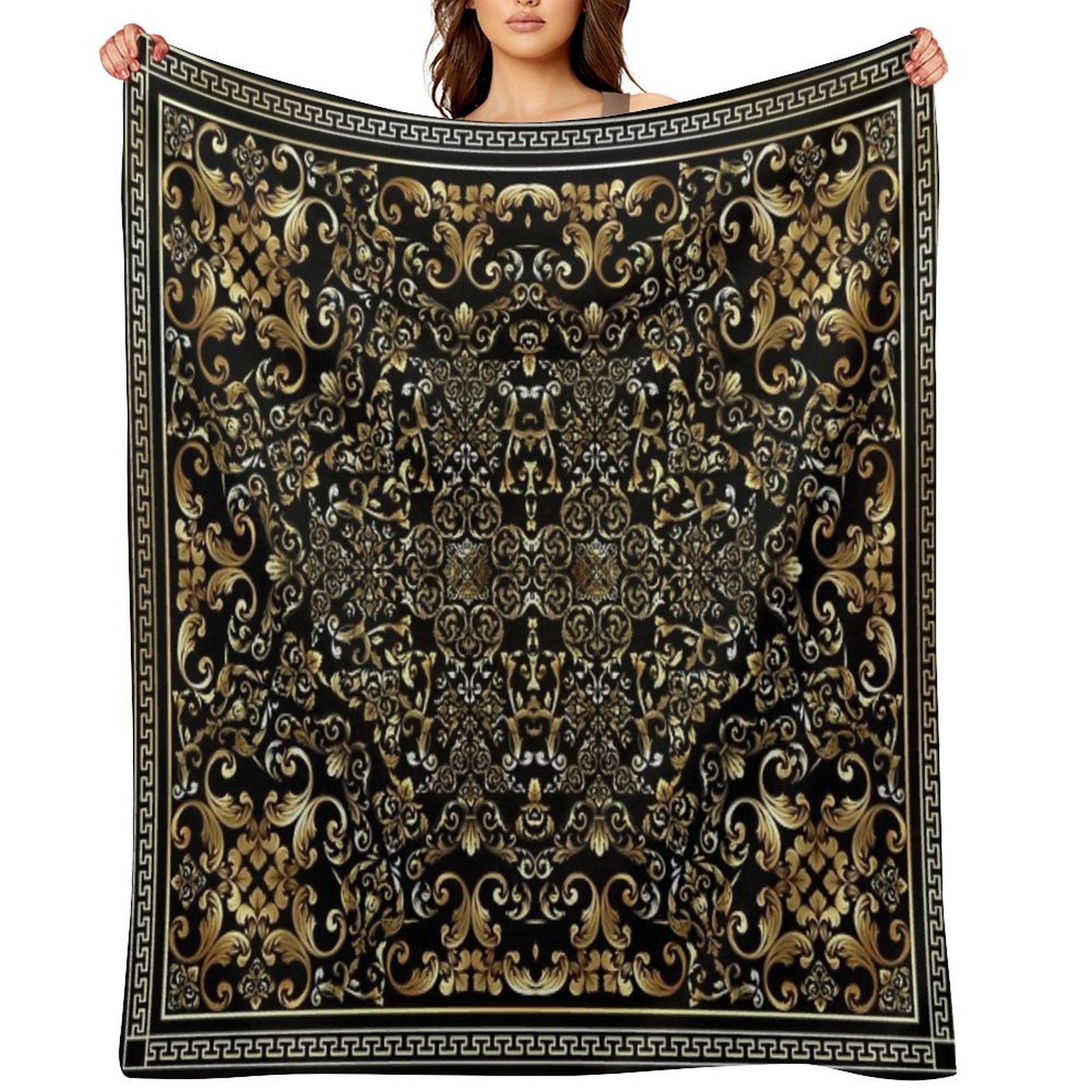 Ornate Baroque Black And Gold Greek Key Border Sustainable Throw Blanket