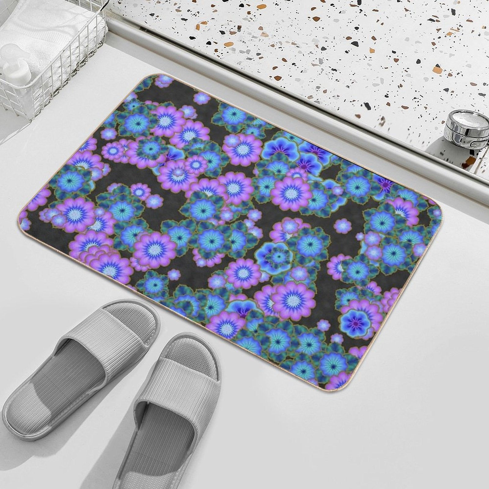 Black Blue And Purple Retro Flowers  Versatile Bath Mat