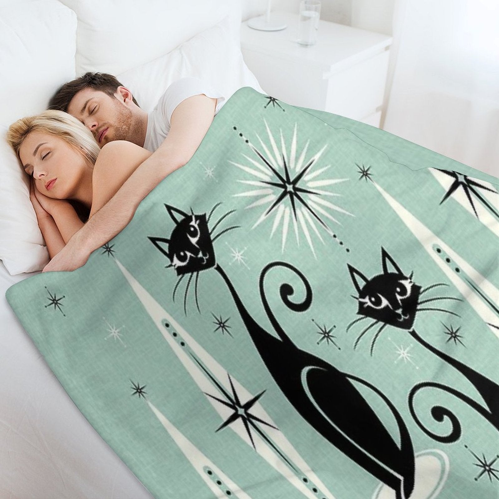 Mid Century Meow Retro Atomic Cats on Vintage Mint ©studioxtine Wrinkle-free Throw Blanket