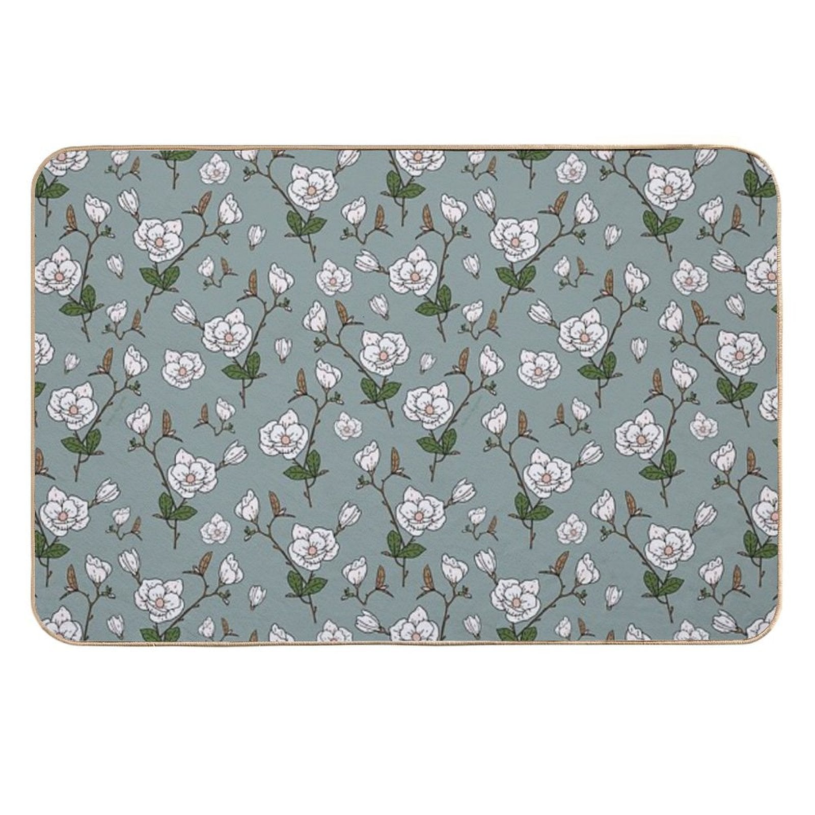 Botanical Magnolia Sprig Pattern_Sage  Dirt-Trapping Bath Mat