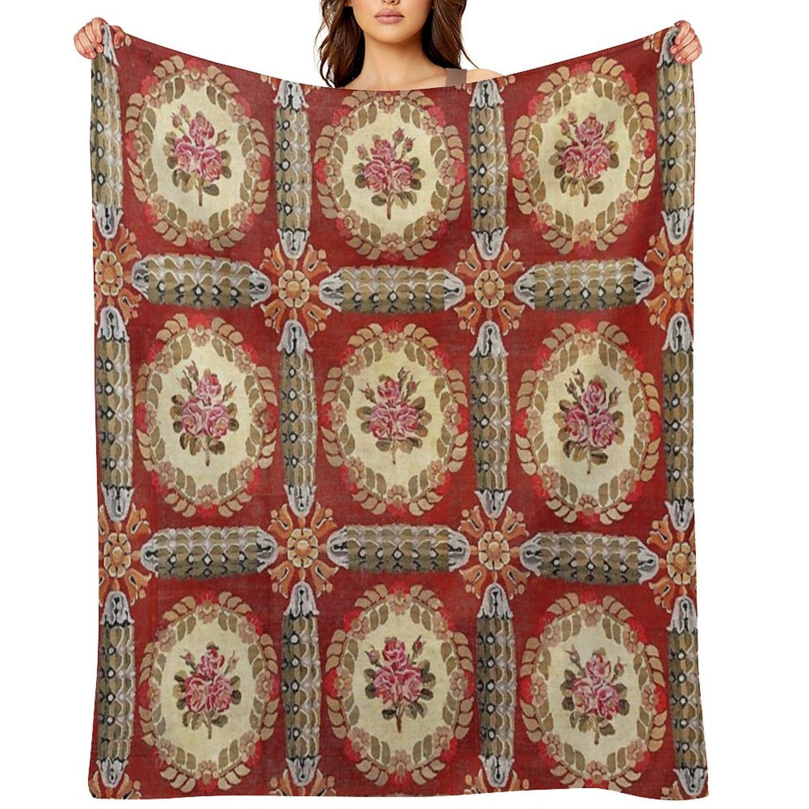 Aubusson 19th Century French Rug Print Easy Care Throw Blanket