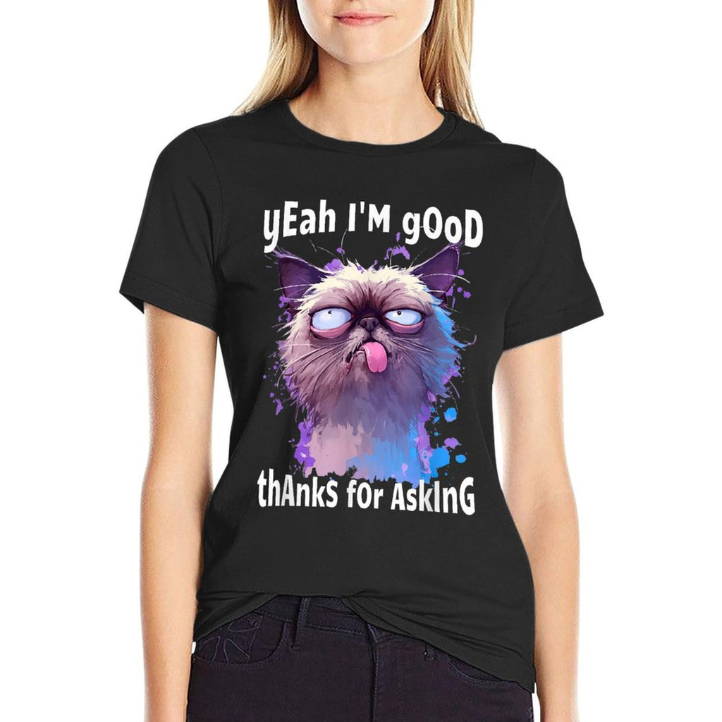 Funny Cat Face Meme Cat Stressed Kitty Yeah Im Good Thanks  Rolled Sleeves T-Shirt