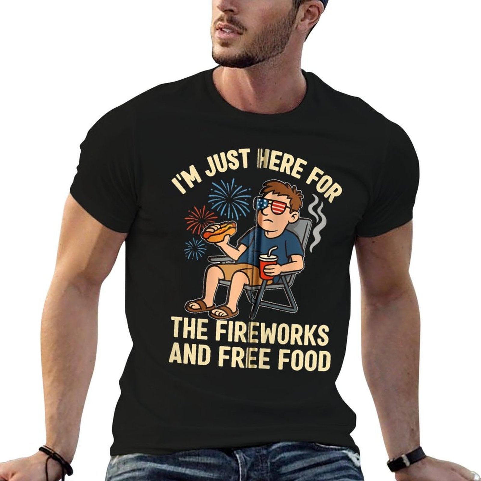 Funny 4th of July Men Women Im Just Here for Fireworks Zip  Slim-fit Cut T-Shirt