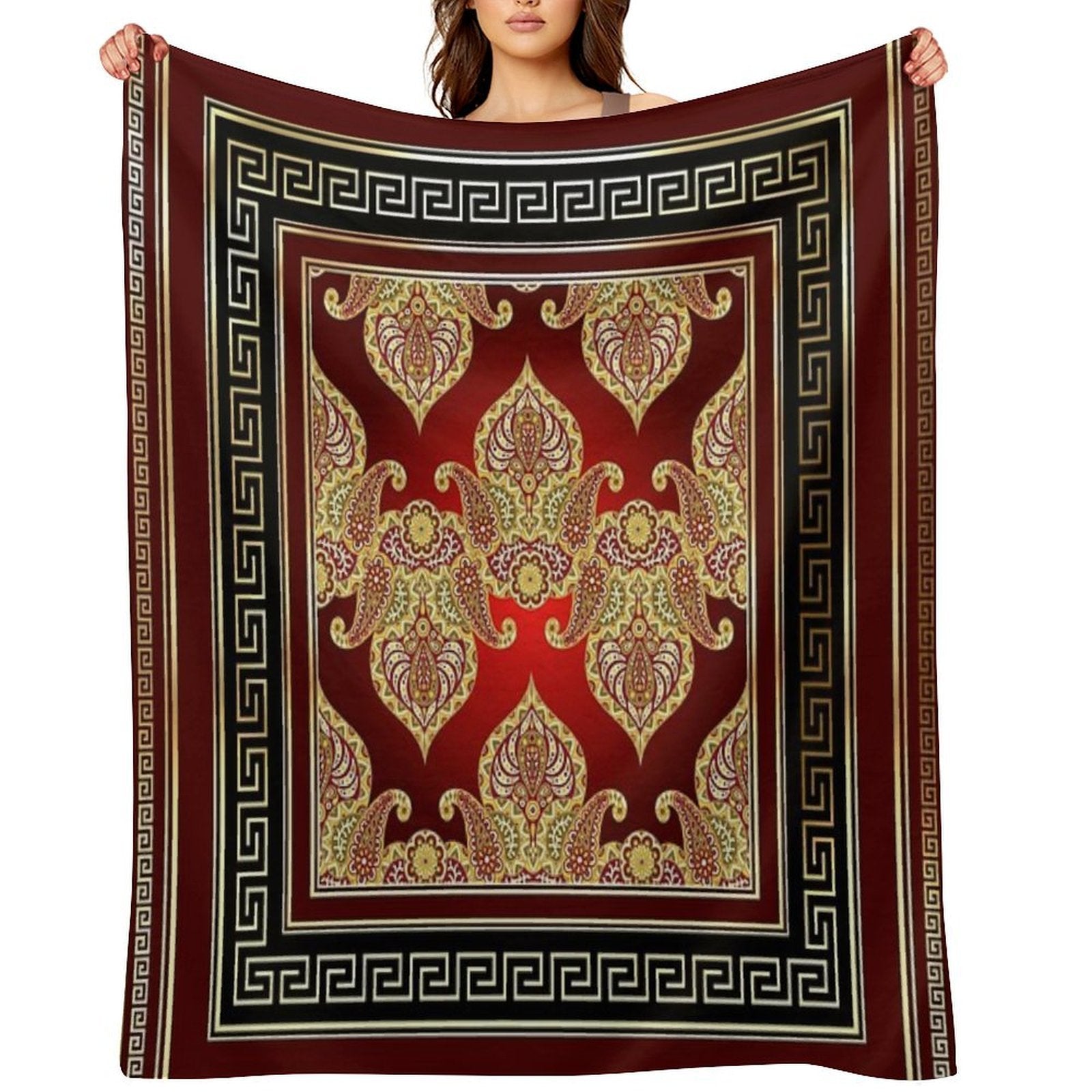 Greek Key Maroon Red Gold Black Floral Paisley Lightweight Throw Blanket