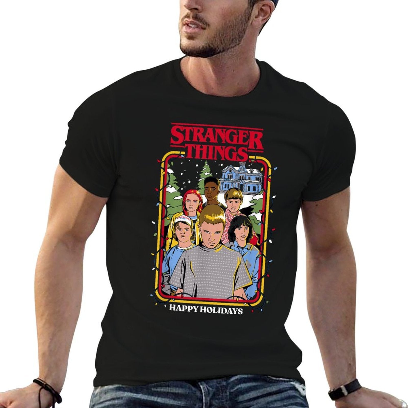 Stranger Things Christmas Happy Holidays Group Sketch  Odor-resistant T-Shirt
