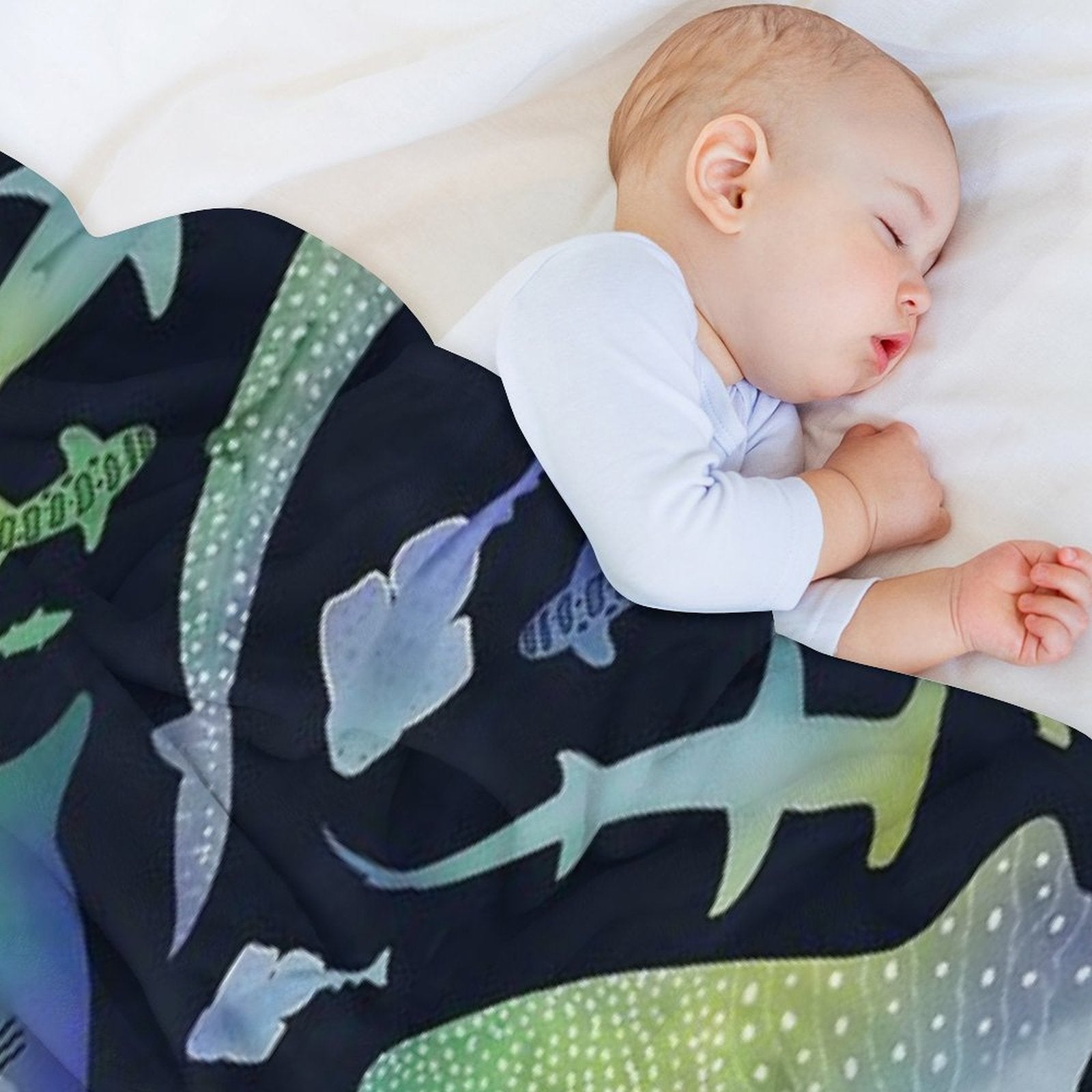 Blue And Green Watercolor Shark Ocean on Dark Navy Blue Travel-friendly Throw Blanket