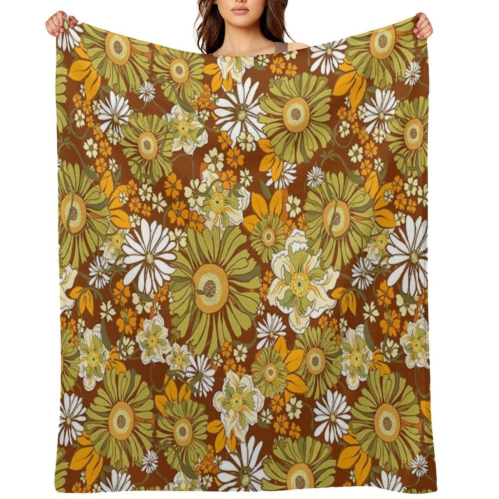 70s Retro Vintage Flower Power Pattern Boho, Orange, Brown, Sustainable Throw Blanket