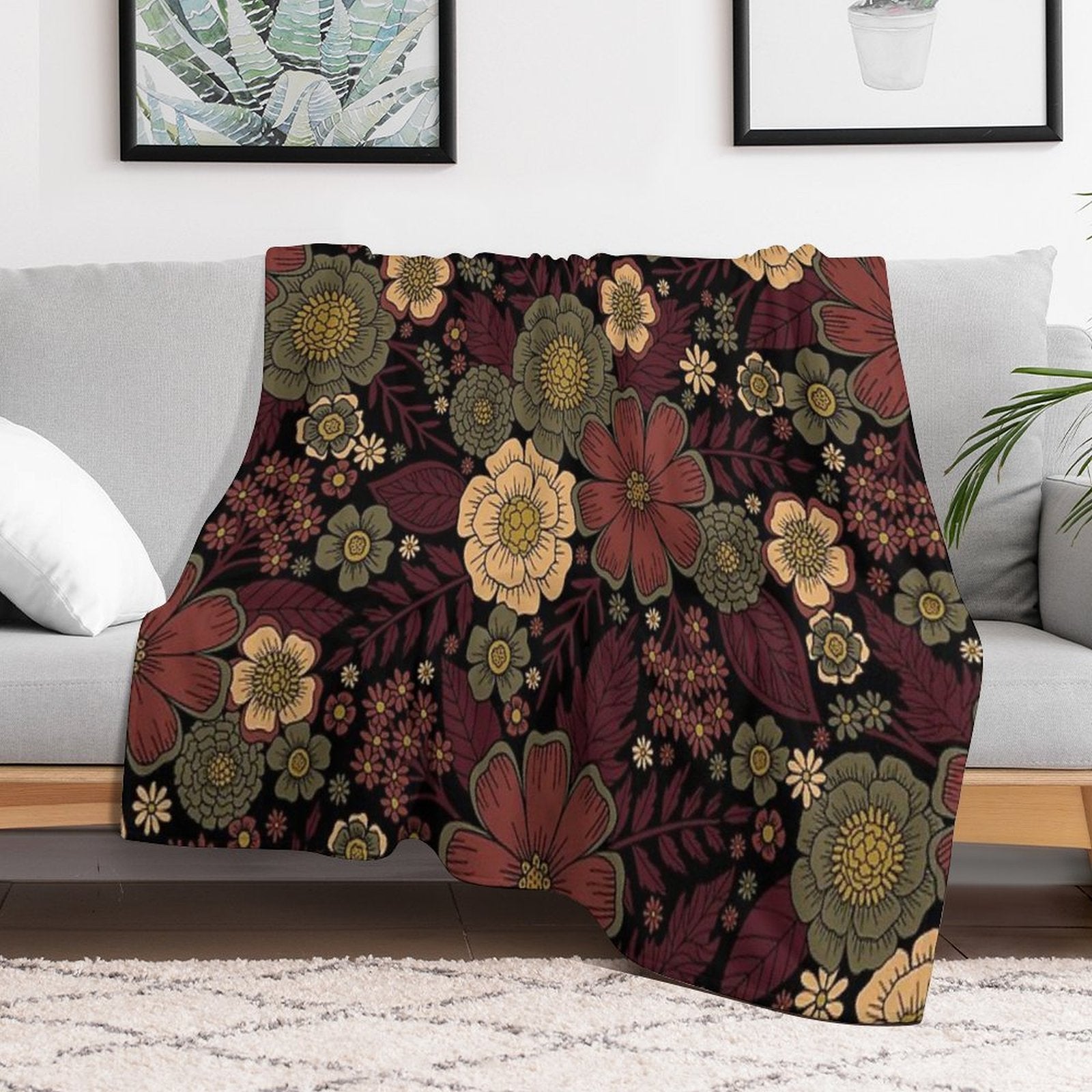 Classy Burgundy, Cream & Sage Green Floral Pattern Easy Care Throw Blanket