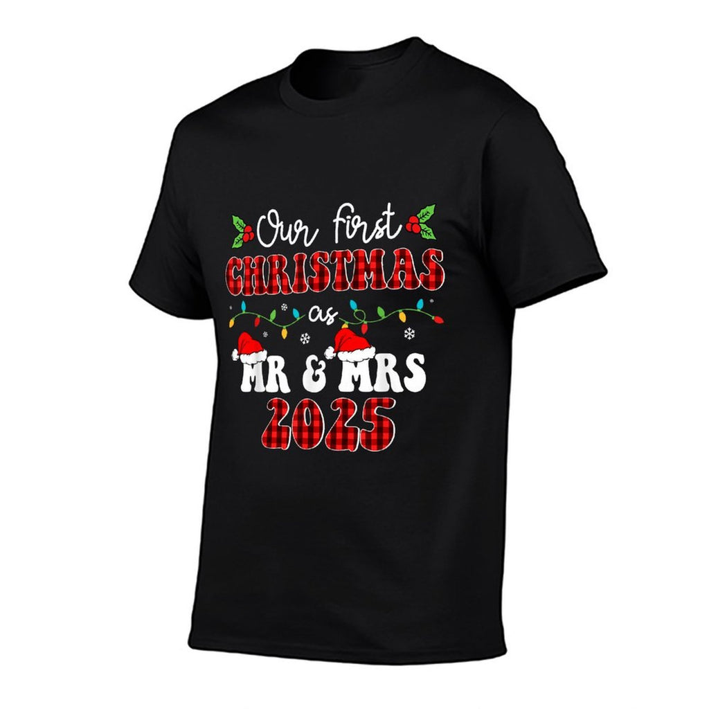 Groovy Our First Christmas As Mr  Mrs 2025 Couples Pajamas  Slim-fit Cut T-Shirt
