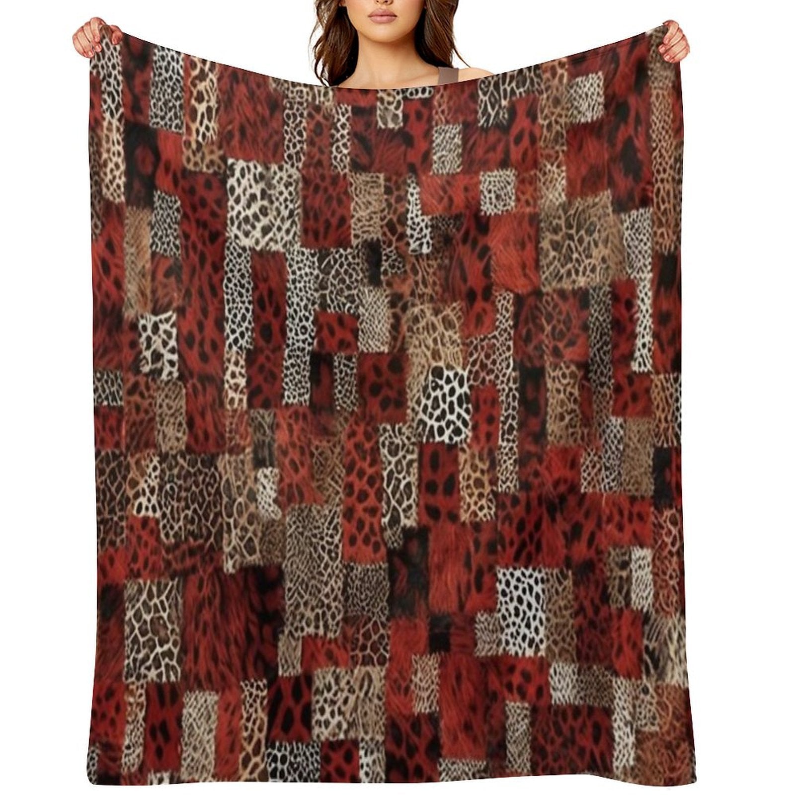 Abstract Red Faux Fur Patchwork Pattern Anti-pilling Throw Blanket
