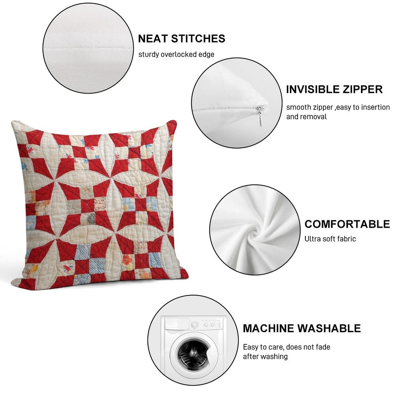 Vintage Patchwork Quilt in Red And White Soft Anti-Pilling Throw Pillow