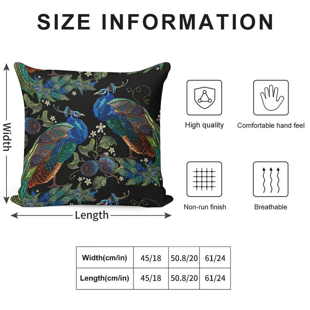 Embroidery Peacocks Soft Washable Throw Pillow