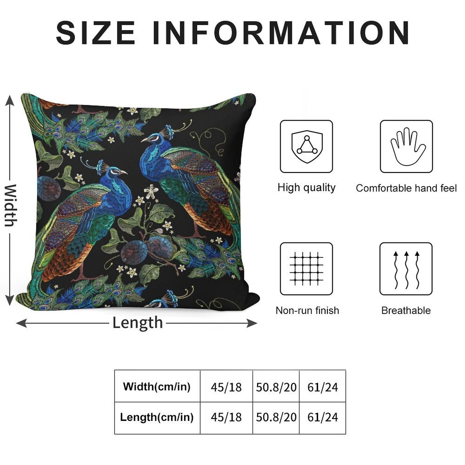 Embroidery Peacocks Soft Washable Throw Pillow