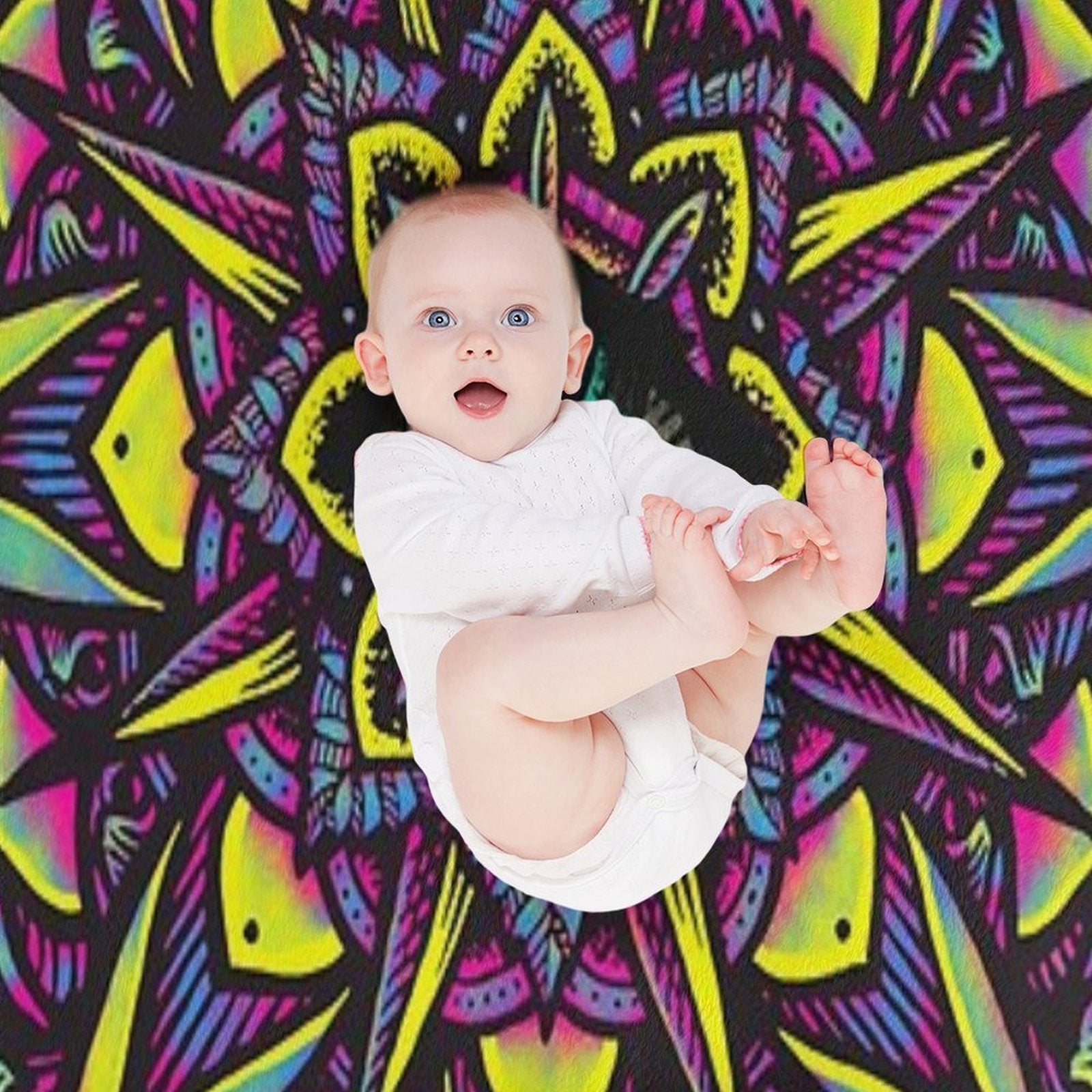 Dharma Wheel Neon Mandala Eye Machine-washable Throw Blanket