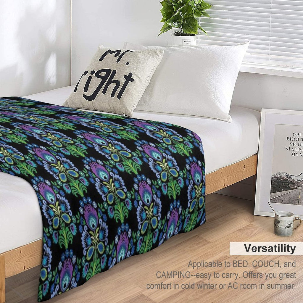 Polish Folk Flowers Purple on Black Shrink-resistant Throw Blanket