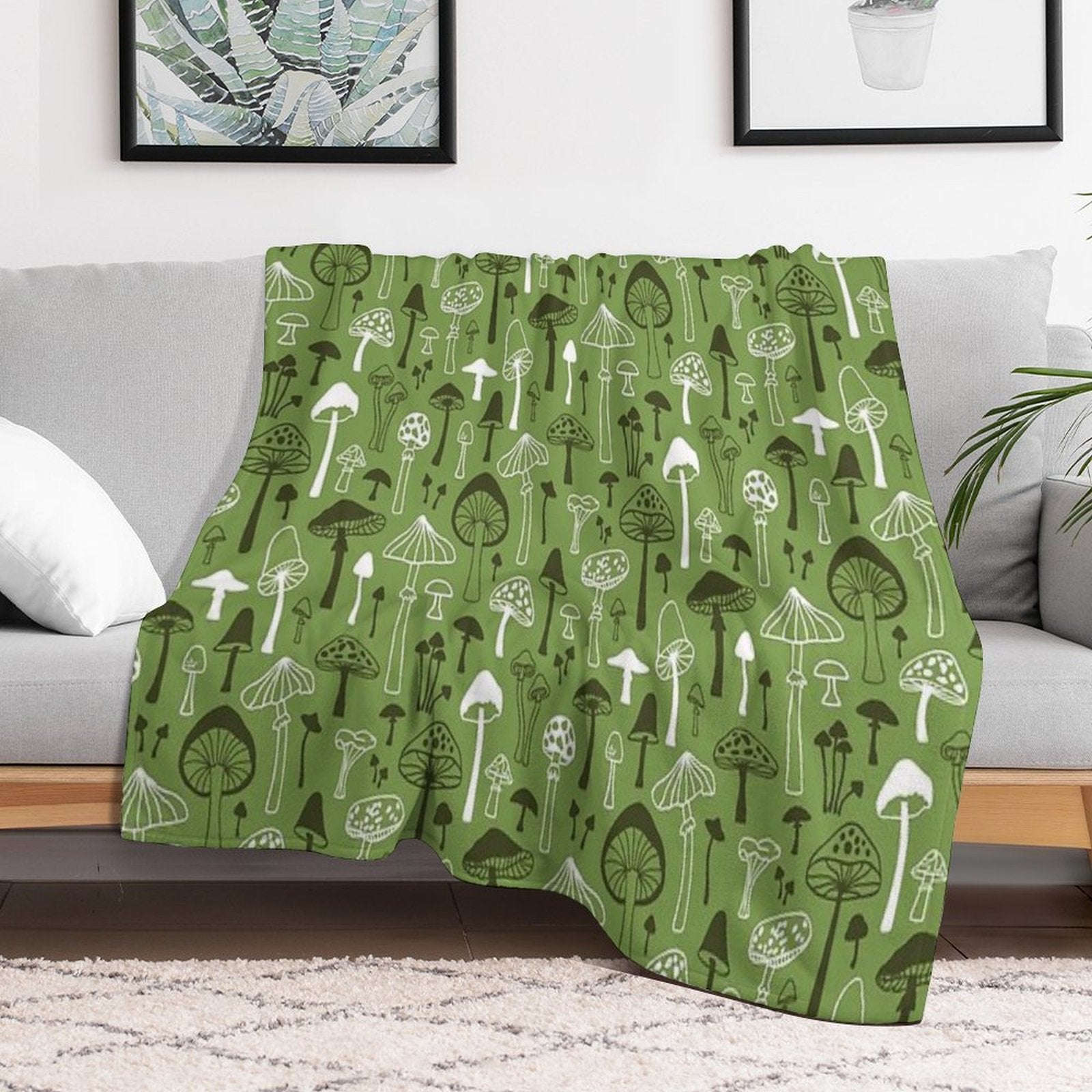 Mushrooms in Green Lightweight Throw Blanket