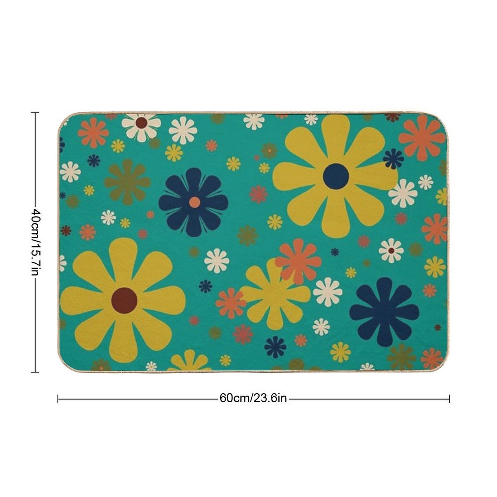Flowerama - Retro 60s Floral Pattern in Mid Mod Mustard, Olive, Orange, Beige, And Turquoise Teal  Fade-Resistant Bath Mat