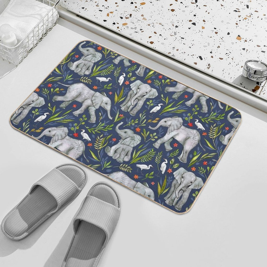 Baby Elephants And Egrets in Watercolor - Navy Blue  Odorless Bath Mat