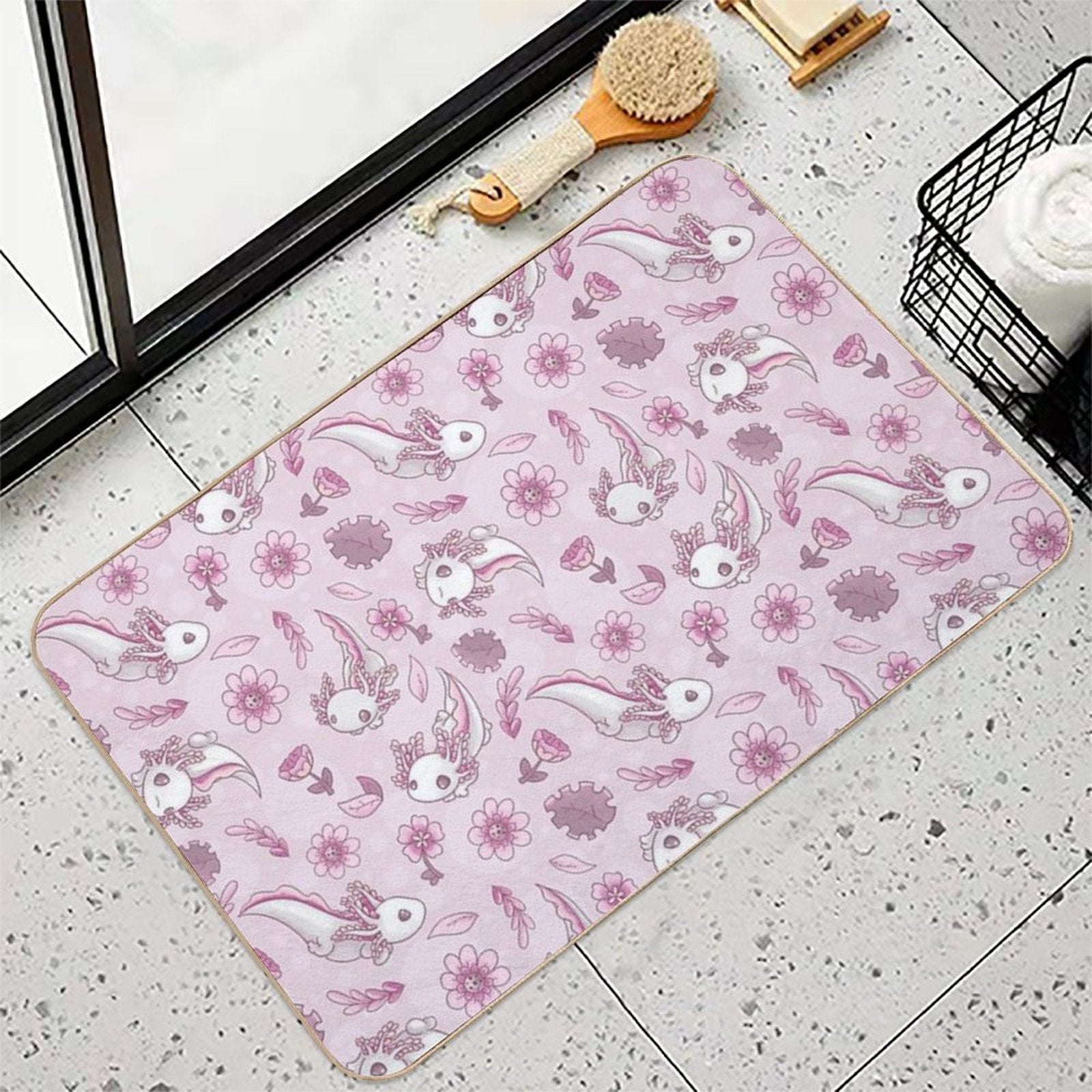 Floral Speckled Axolotl Pattern - Summer Edition  Slip-Resistant Bath Mat