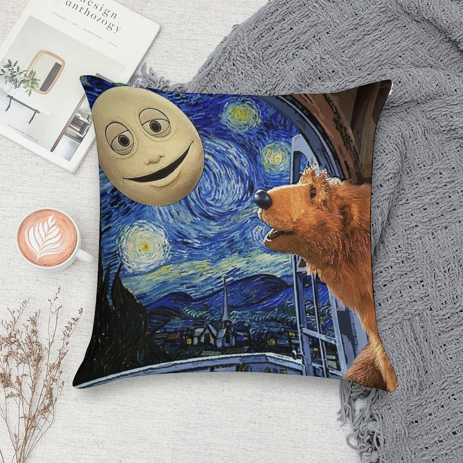 Bear in The Big Blue House with Starry Night Soft Easy Maintenance Throw Pillow