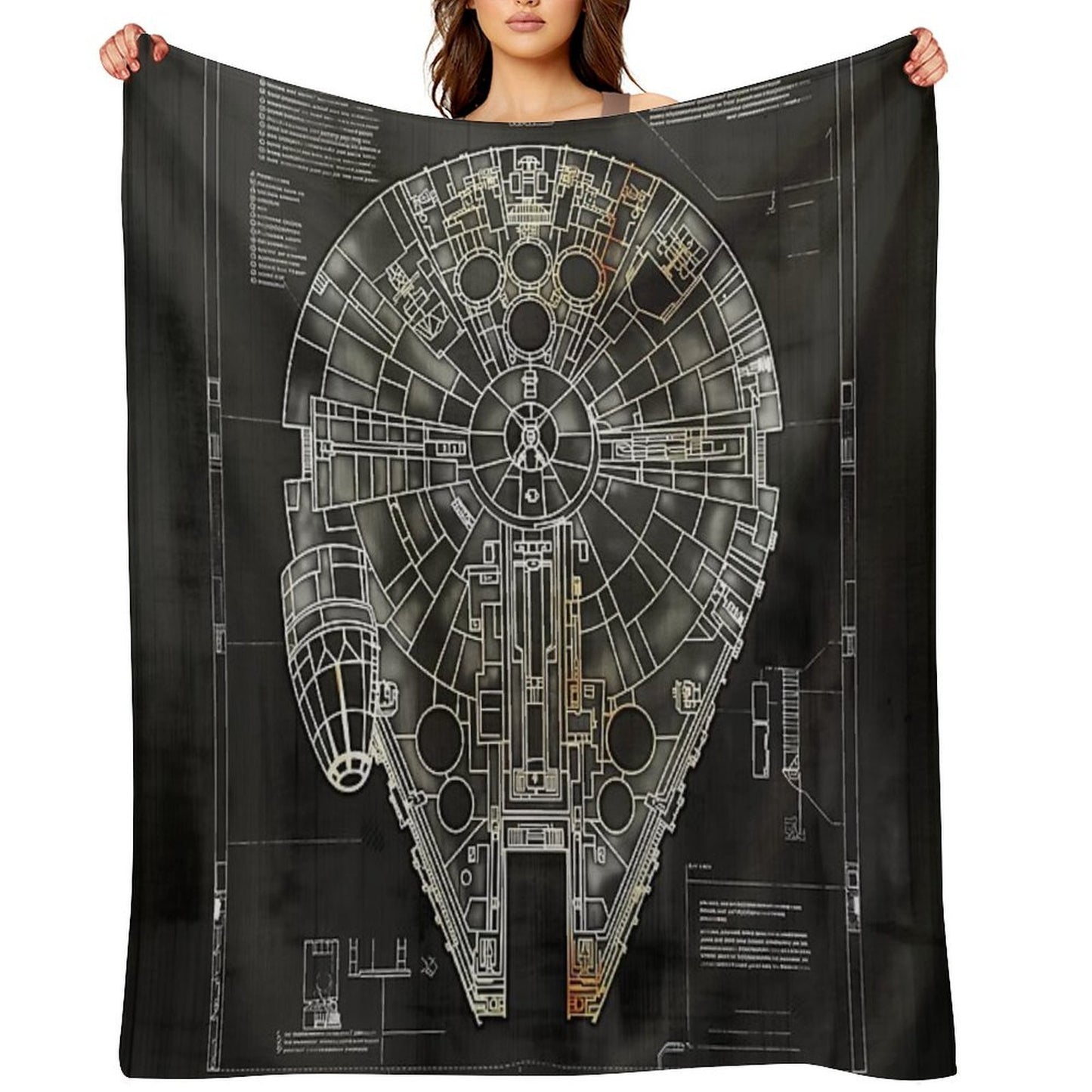 Millennium Falcon Star Wars Starship Blueprint Fan Art Plush Throw Blanket