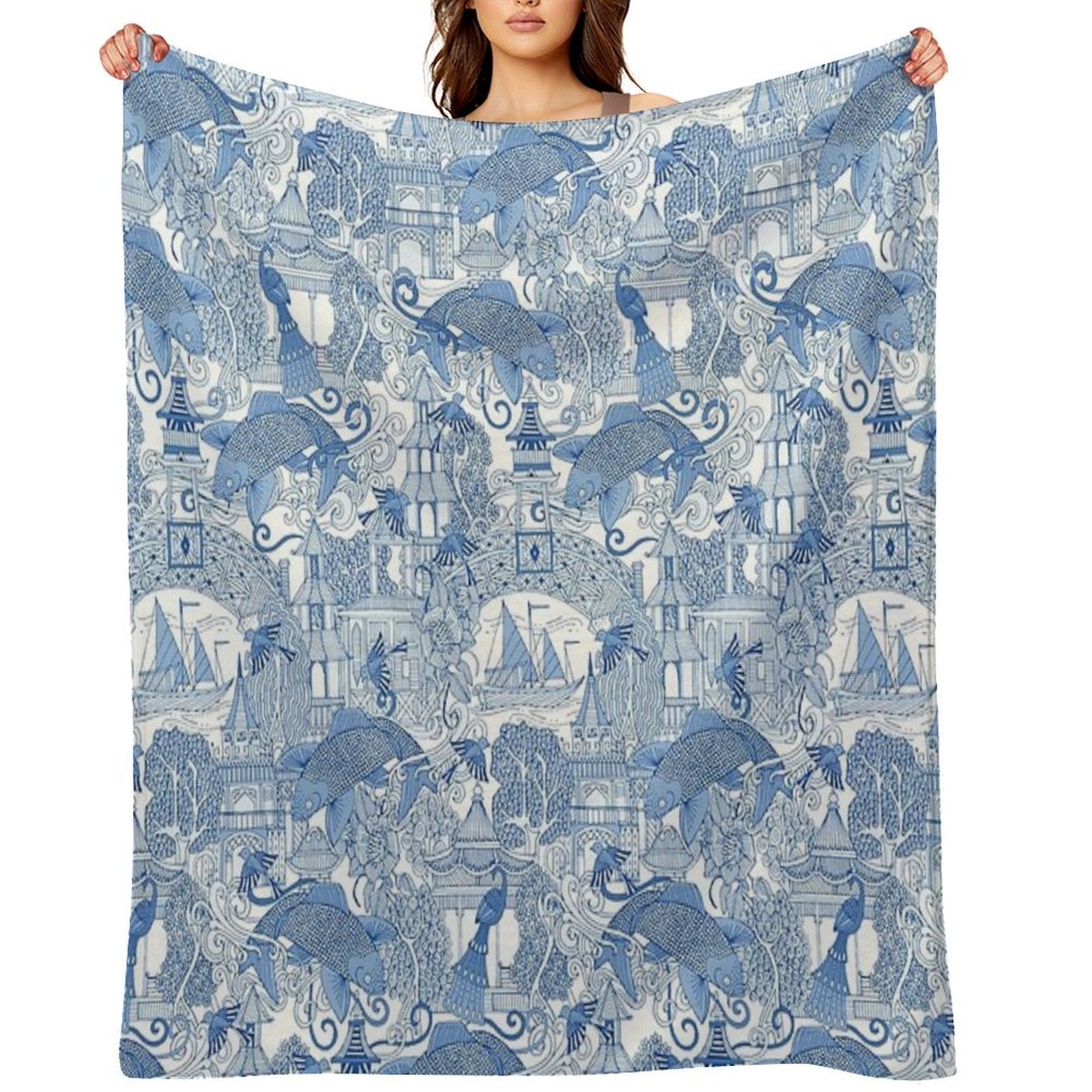 Chinoiserie Toile Blue Anti-pilling Throw Blanket