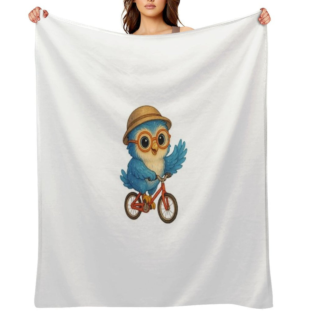 Cute Blue Owl Riding A Bicycle – Kawaii Cartoon Animal Adventure Sustainable Throw Blanket