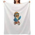 Cute Blue Owl Riding A Bicycle – Kawaii Cartoon Animal Adventure Sustainable Throw Blanket