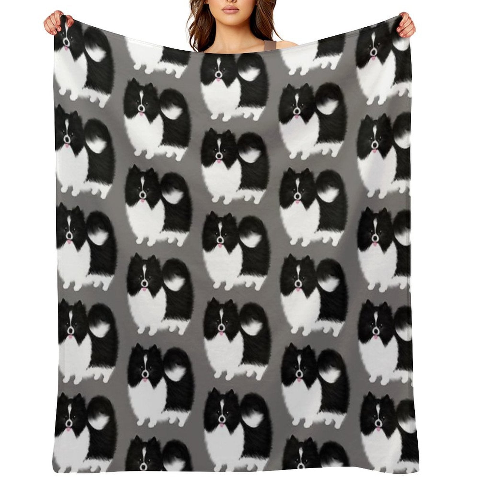 Black And White Parti Pomeranian  Cute Black And White Fluffy Dog Durable Throw Blanket