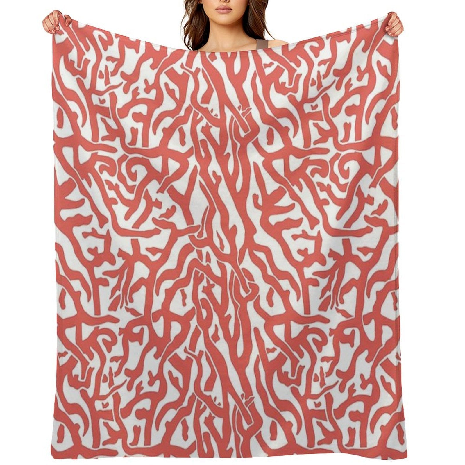 Coral Reef Pattern  Reddish Coral White Coastal Beach House Premium Throw Blanket