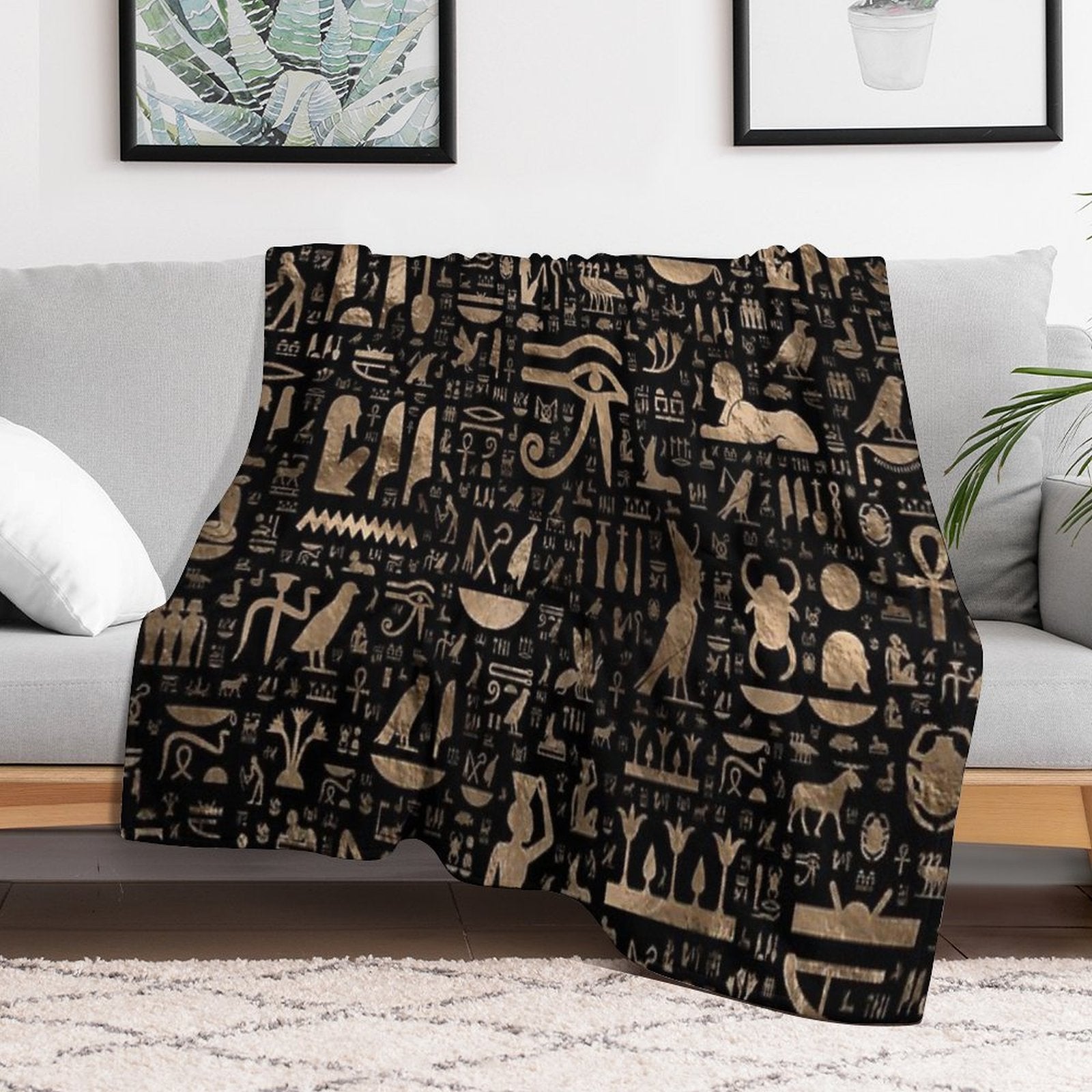 Ancient Egyptian Hieroglyphs - Black And Gold Quick-dry Throw Blanket