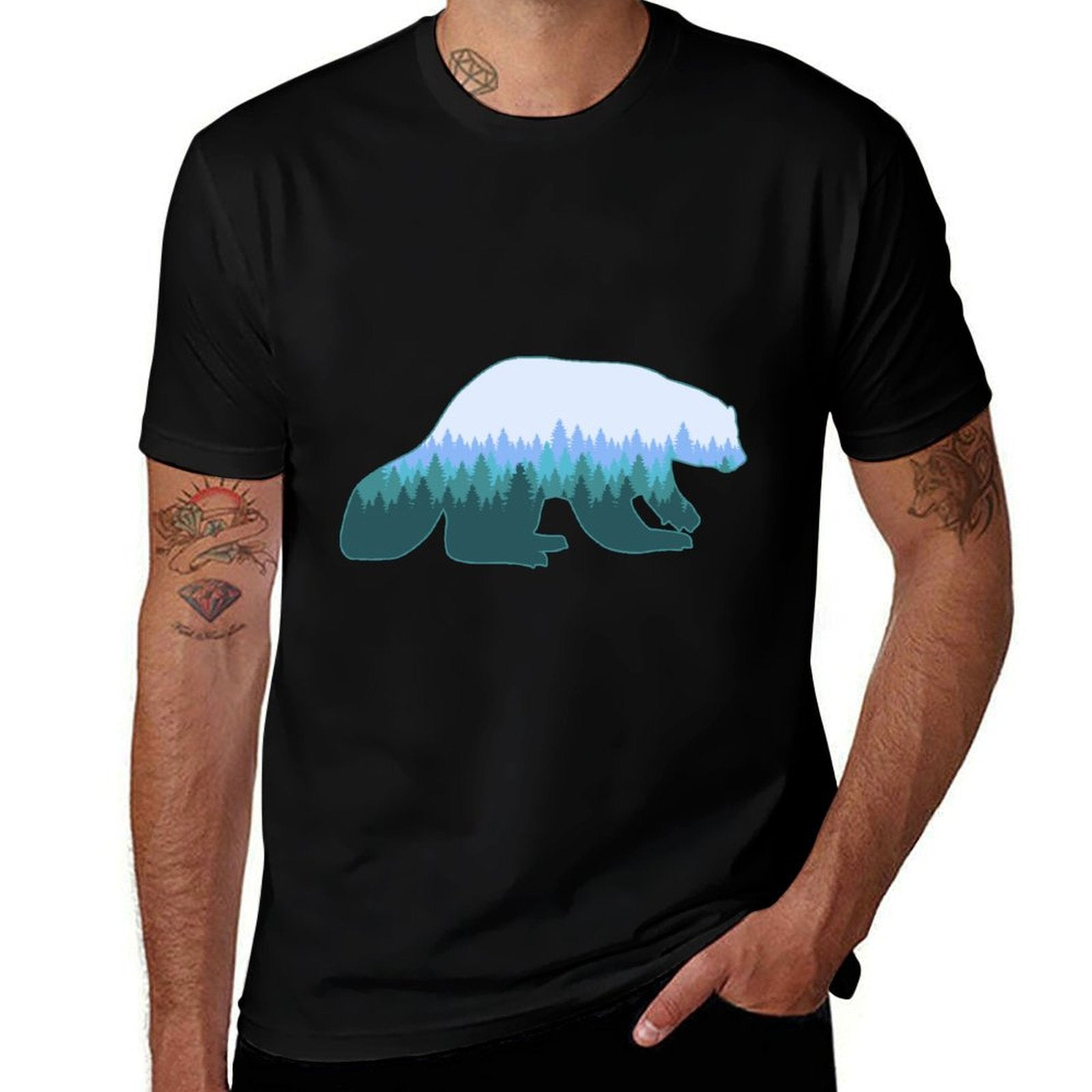 Wolverine Print Landscape - Animal Wolverine  Ribbed Collar T-Shirt