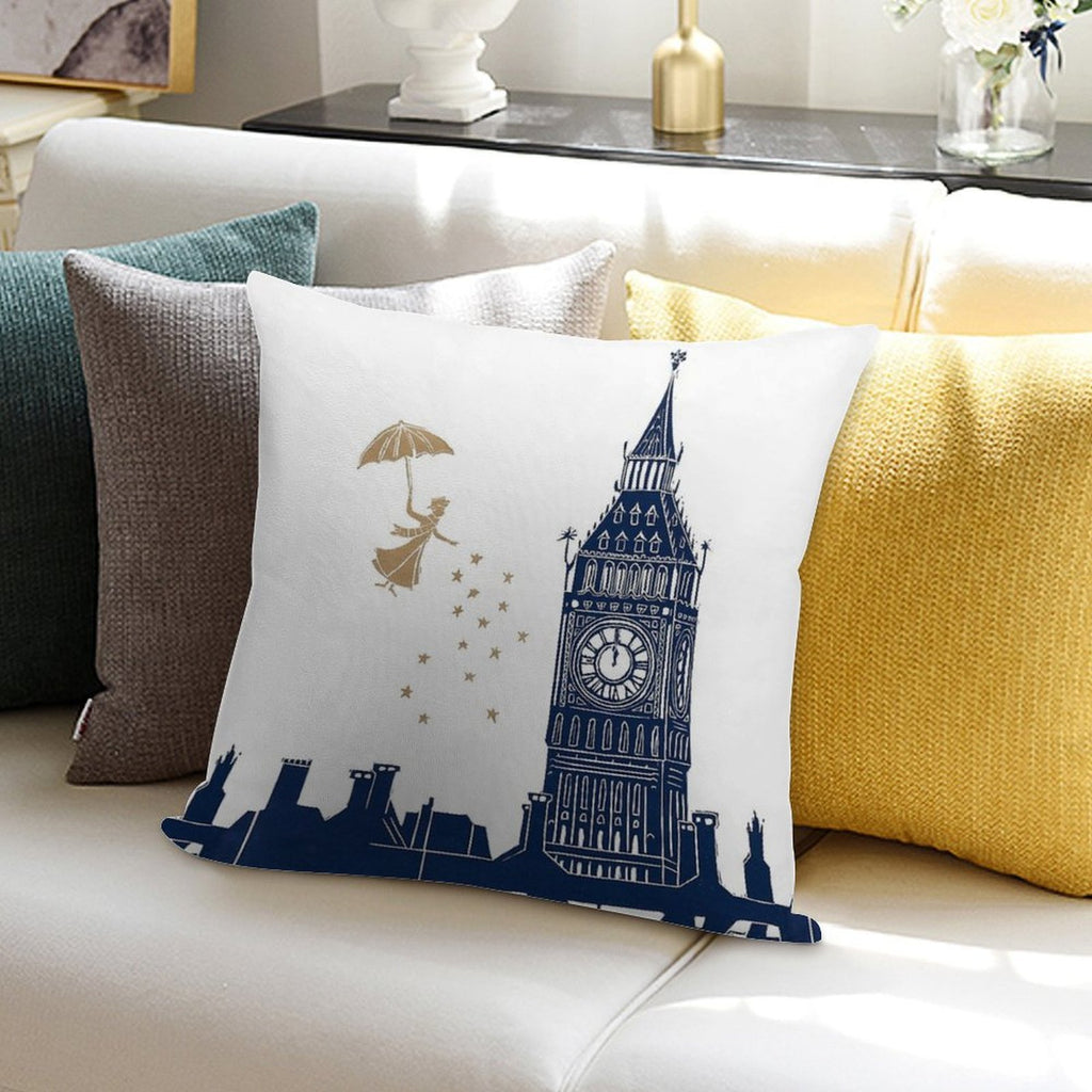 Mary Poppins And Big Ben Linocut Soft Shrink-Resistant Throw Pillow