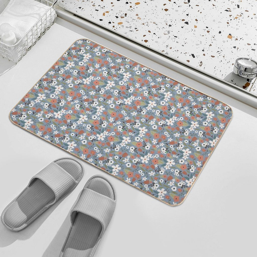 White Flowers on Blue Background Vintage Seamless Pattern  Dirt-Trapping Bath Mat