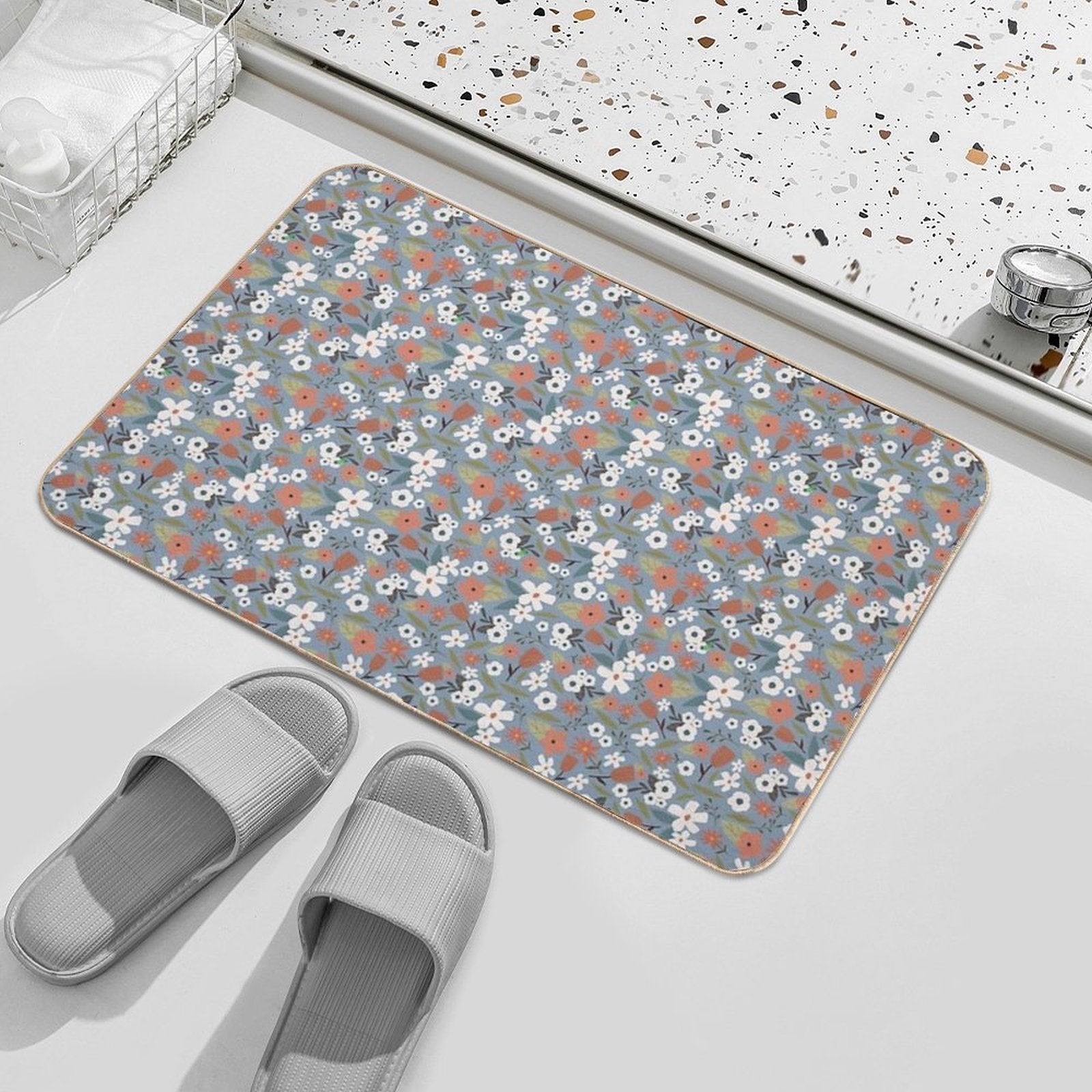 White Flowers on Blue Background Vintage Seamless Pattern  Dirt-Trapping Bath Mat