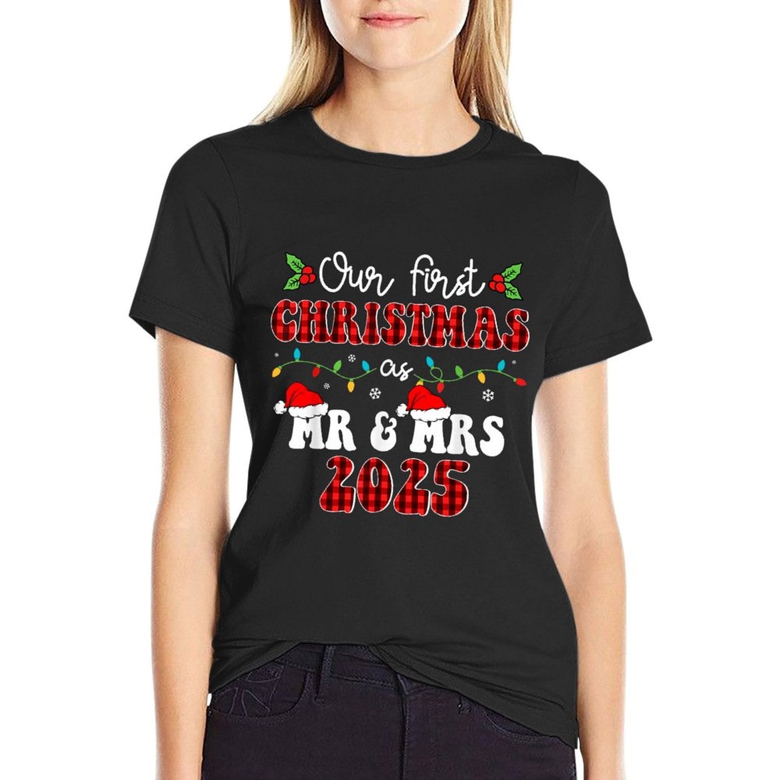 Groovy Our First Christmas As Mr  Mrs 2025 Couples Pajamas  Slim-fit Cut T-Shirt