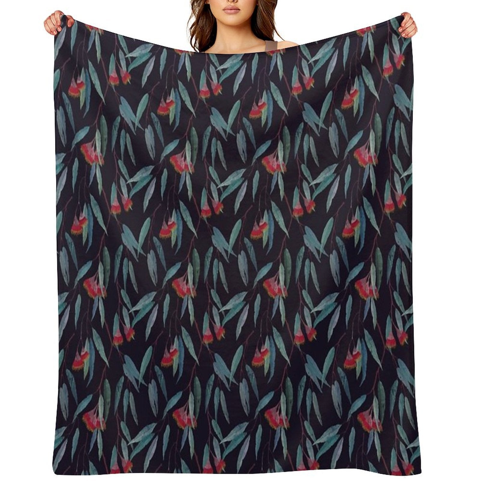 Eucalyptus Leaves And Flowers on Dark Shrink-resistant Throw Blanket