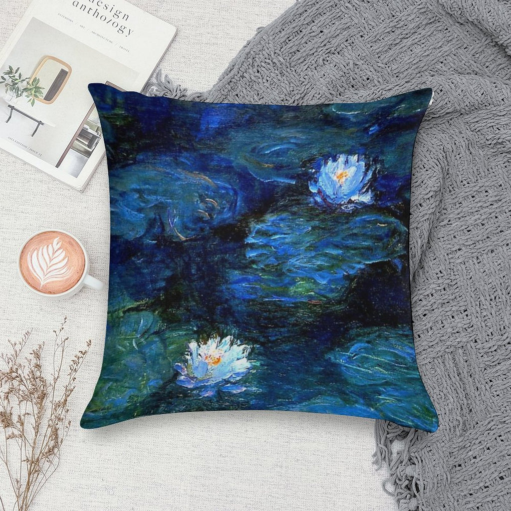 Water Lilies Monet Deep Blue Soft High-Density Material Throw Pillow