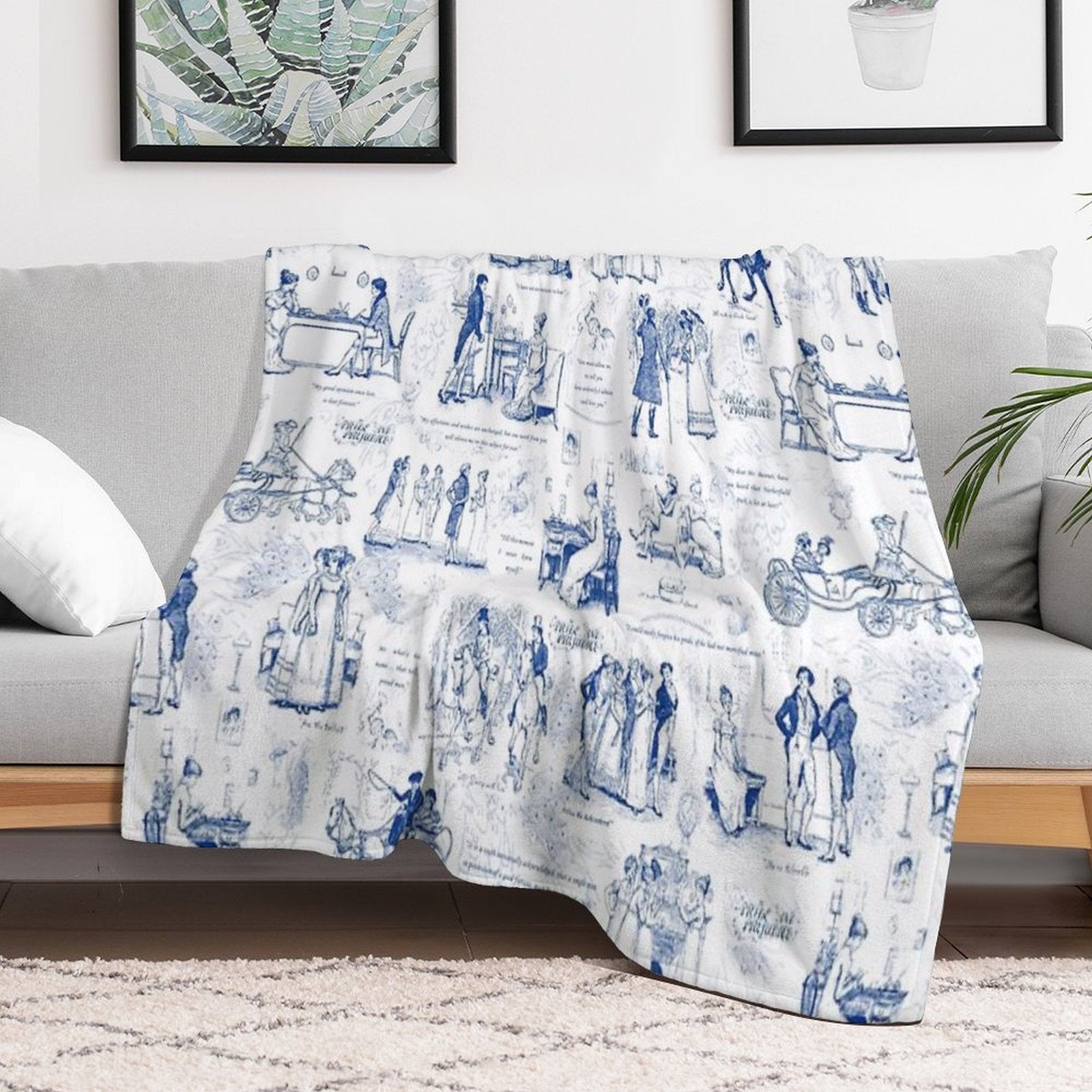 Pride And Prejudice Blue Toile Illustrations Quotes Pattern Machine-washable Throw Blanket