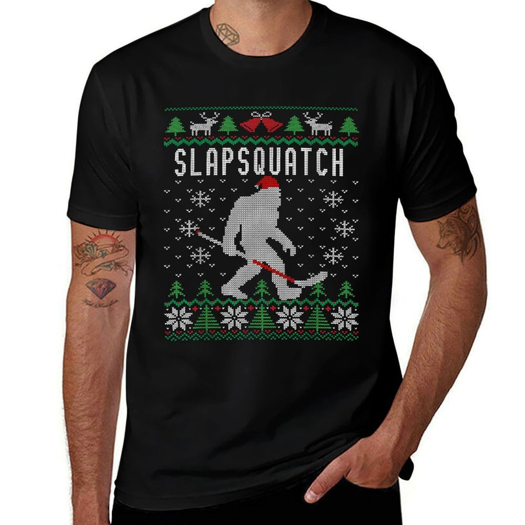 Slapsquatch  Christmas Hockey Sasquatch  Bigfoot  Stretchy T-Shirt