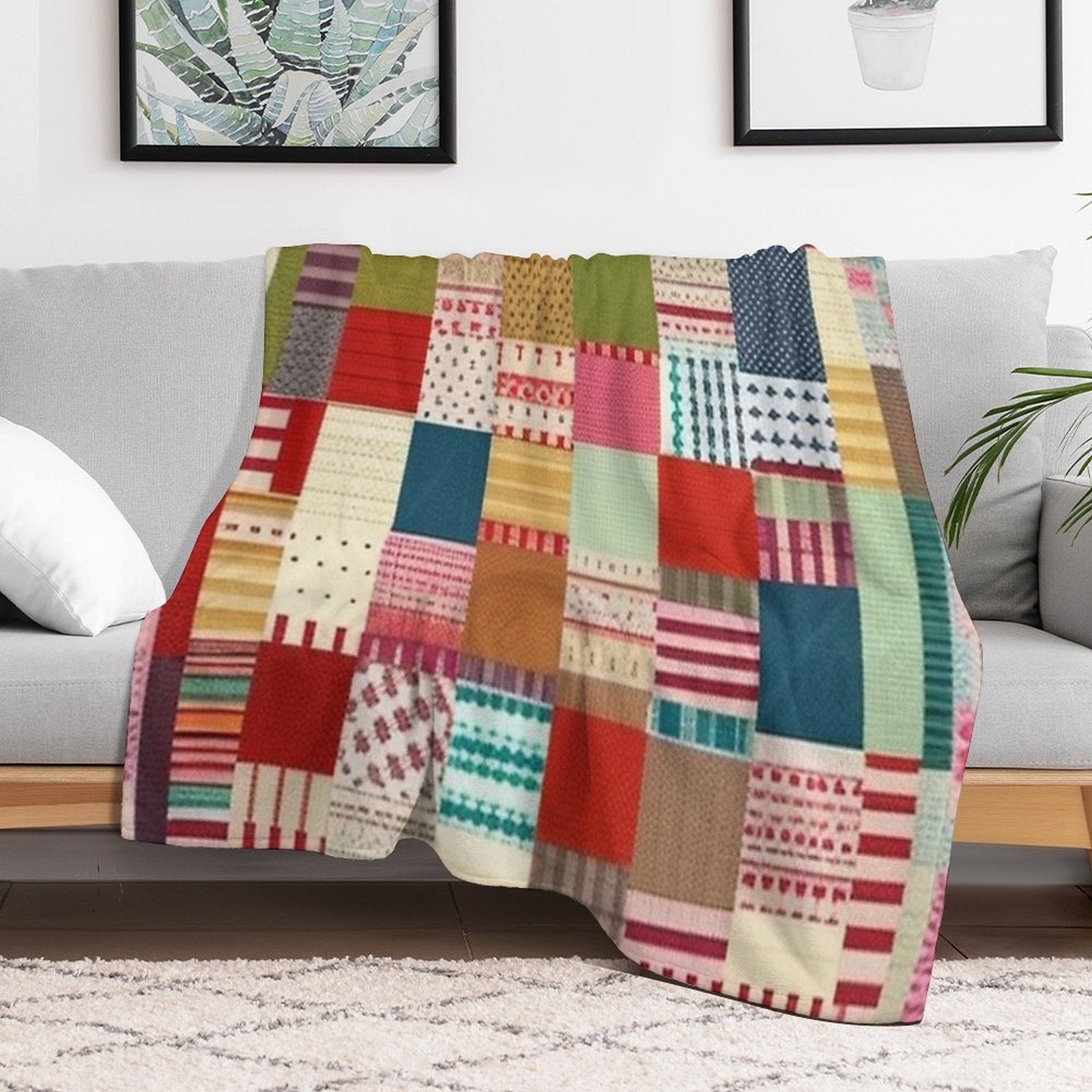 Burlap Patchwork Quilt Easy Care Throw Blanket