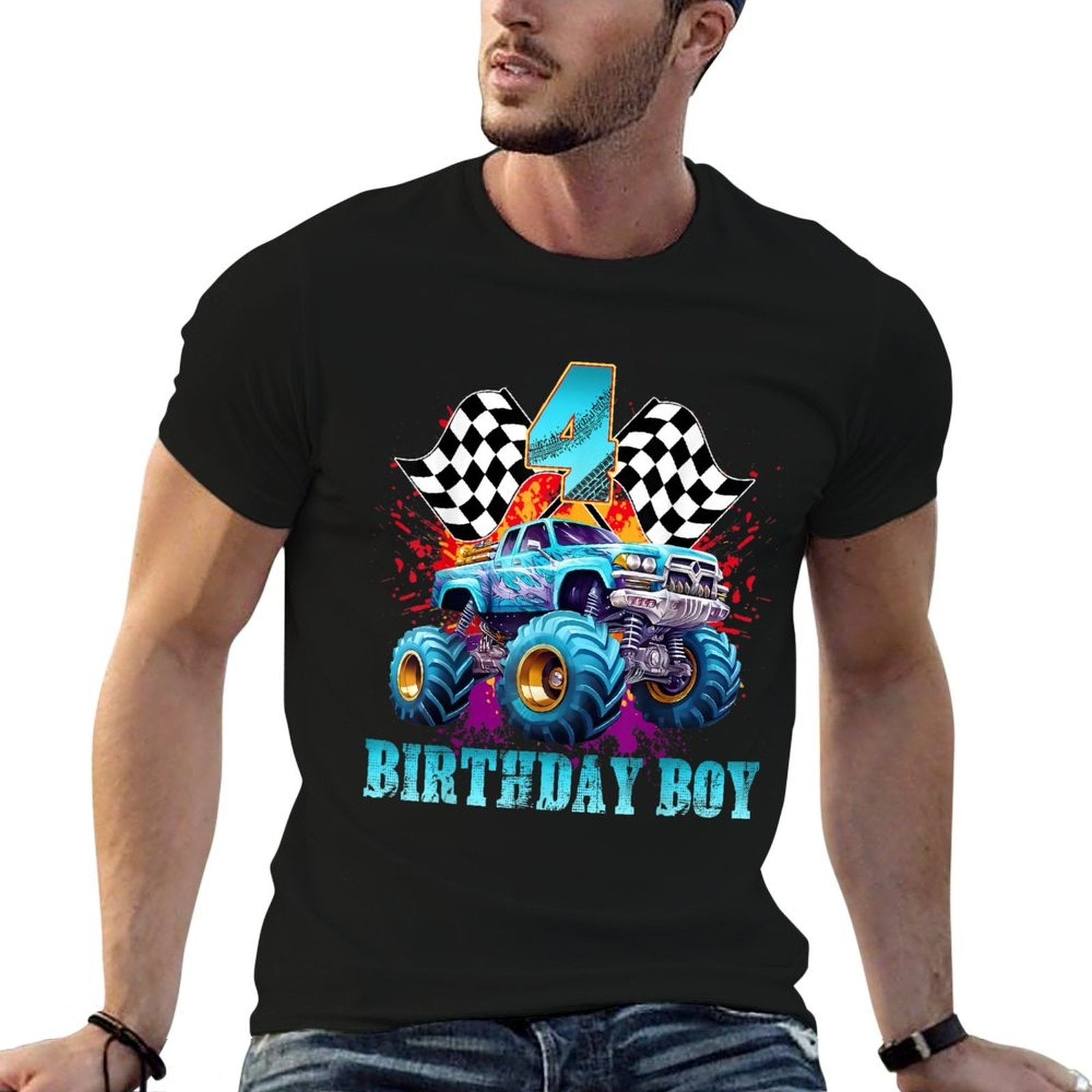4 Year Old 4th Birthday Boys Monster Truck Car  Fade-proof Color T-Shirt