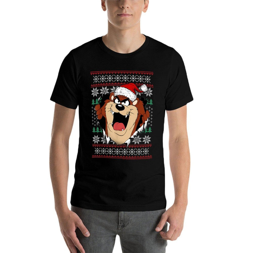 Looney Tunes Christmas Taz Ugly Sweater Style  Cotton T-Shirt