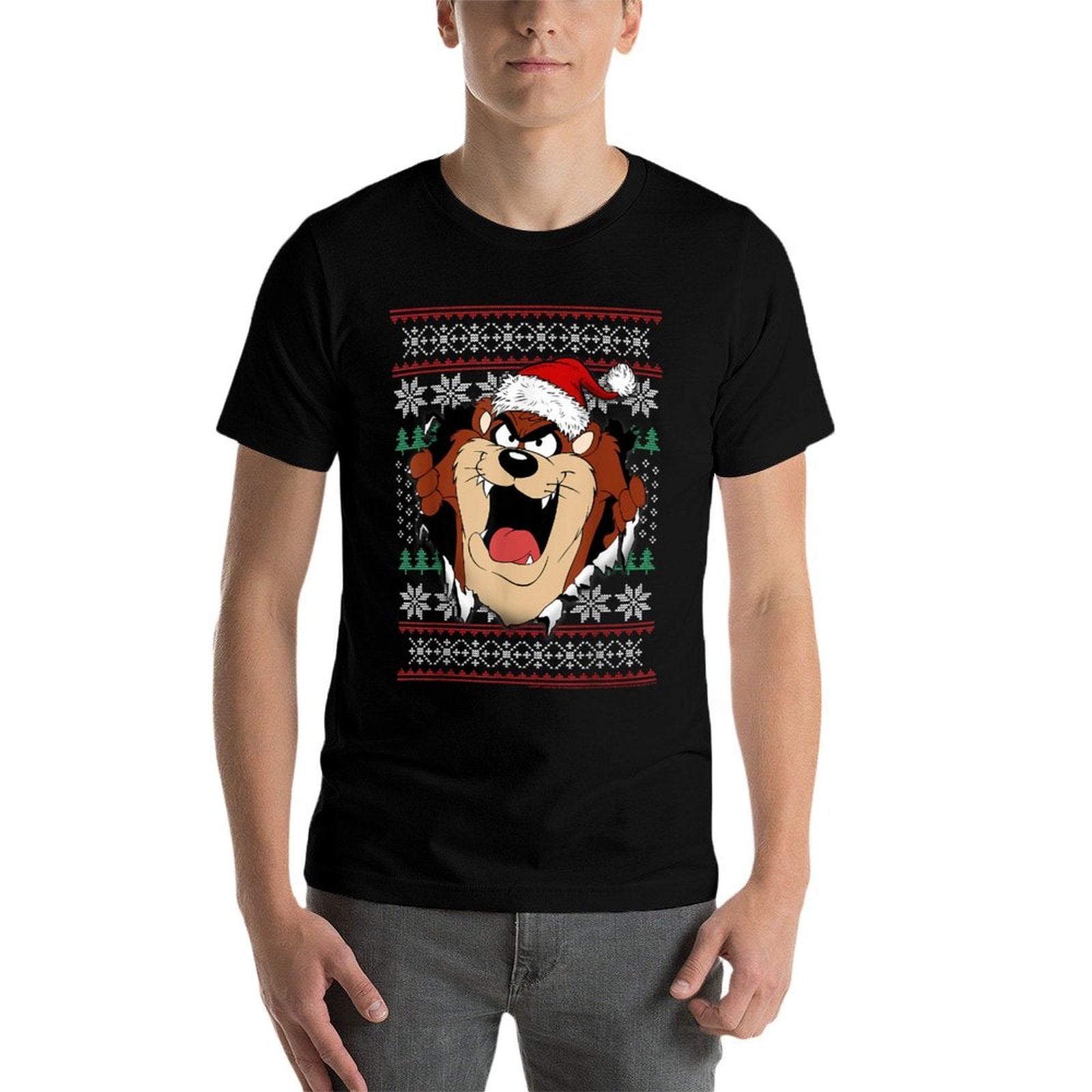 Looney Tunes Christmas Taz Ugly Sweater Style  Cotton T-Shirt