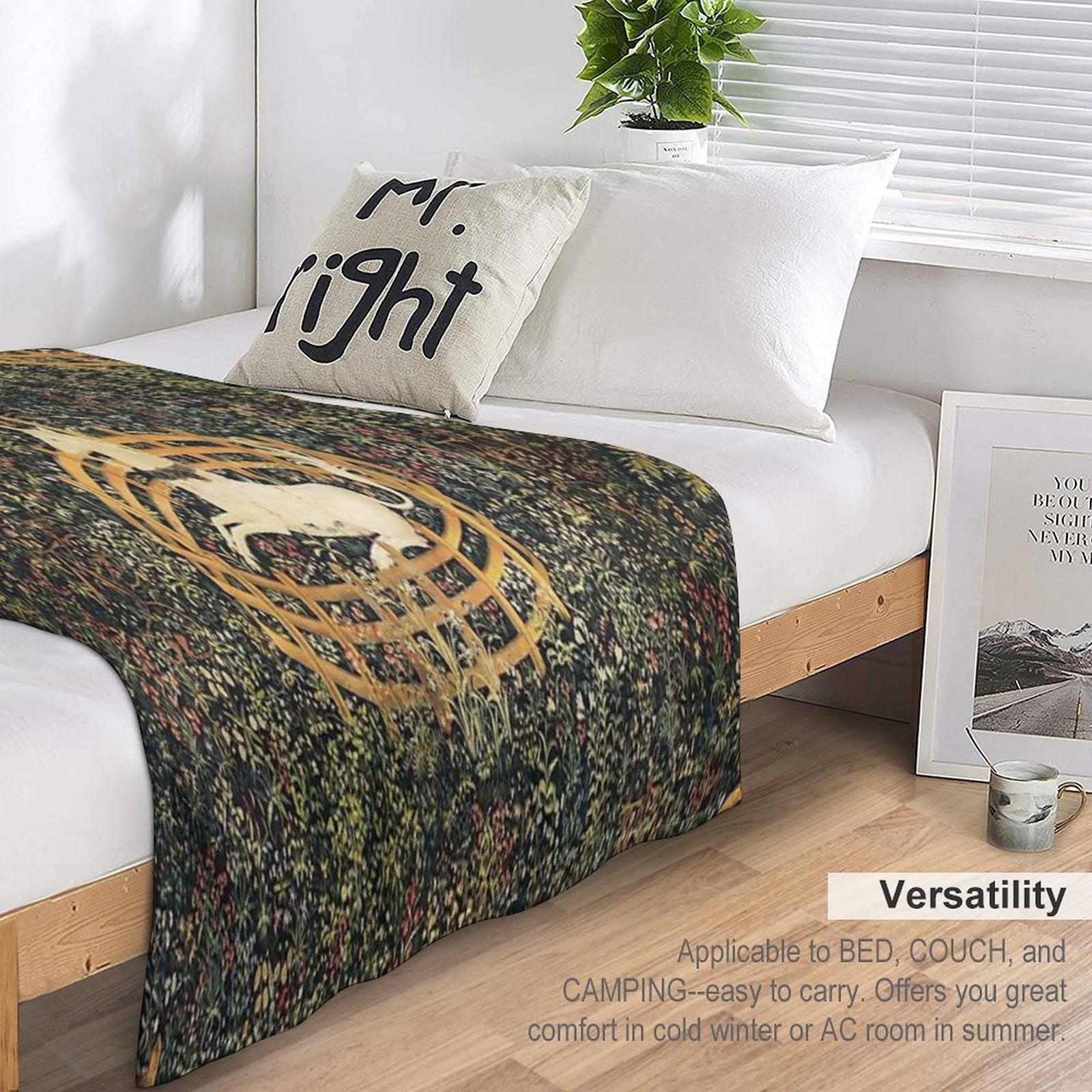 UNICORN IN CAPTIVITY AND GOTHIC FANTASY FLOWERS, GREEN FLORAL MOTIFS Travel-friendly Throw Blanket