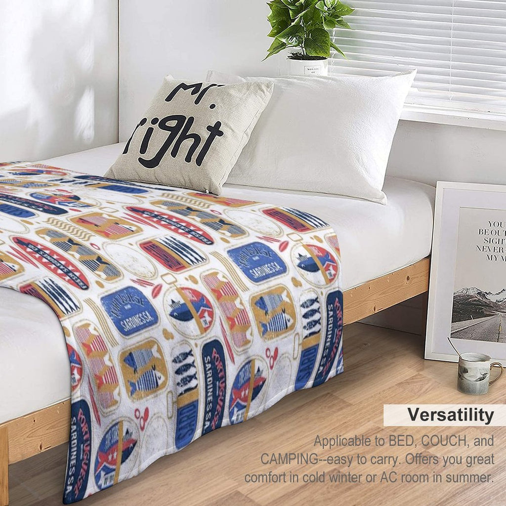 Vintage Canned Sardines  White Background Electric Blue And Mandy Red Cans Velvety-soft Throw Blanket