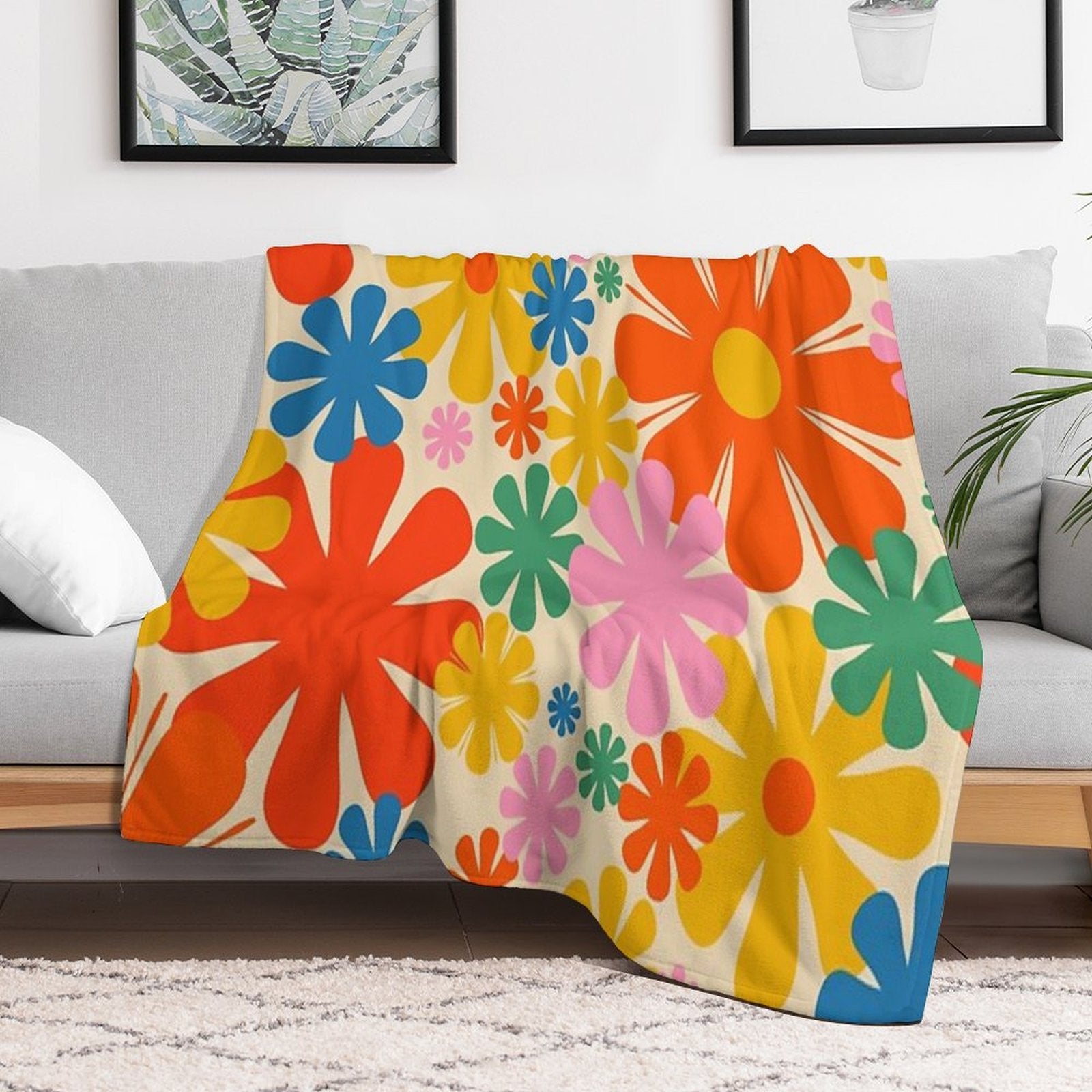 Retro 60s 70s Aesthetic Colorful Floral Pattern All-season Throw Blanket