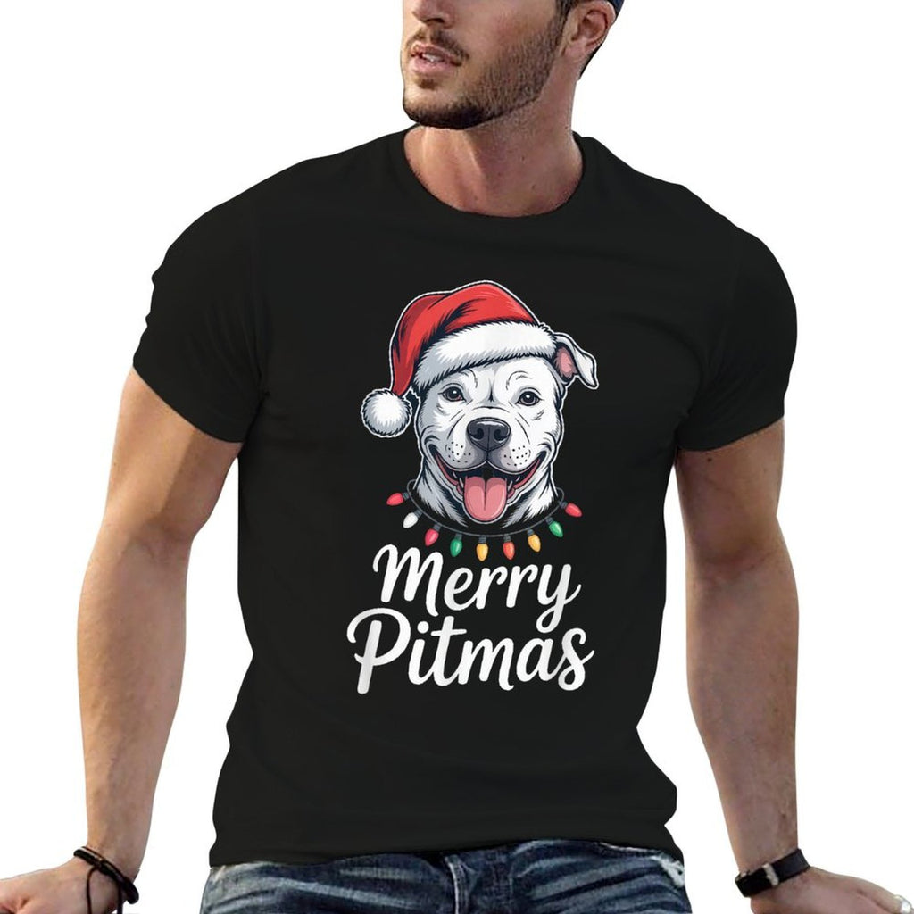 Merry Pitmas Pitbull Dog Christmas Lights Santa Hat  Vintage-inspired T-Shirt