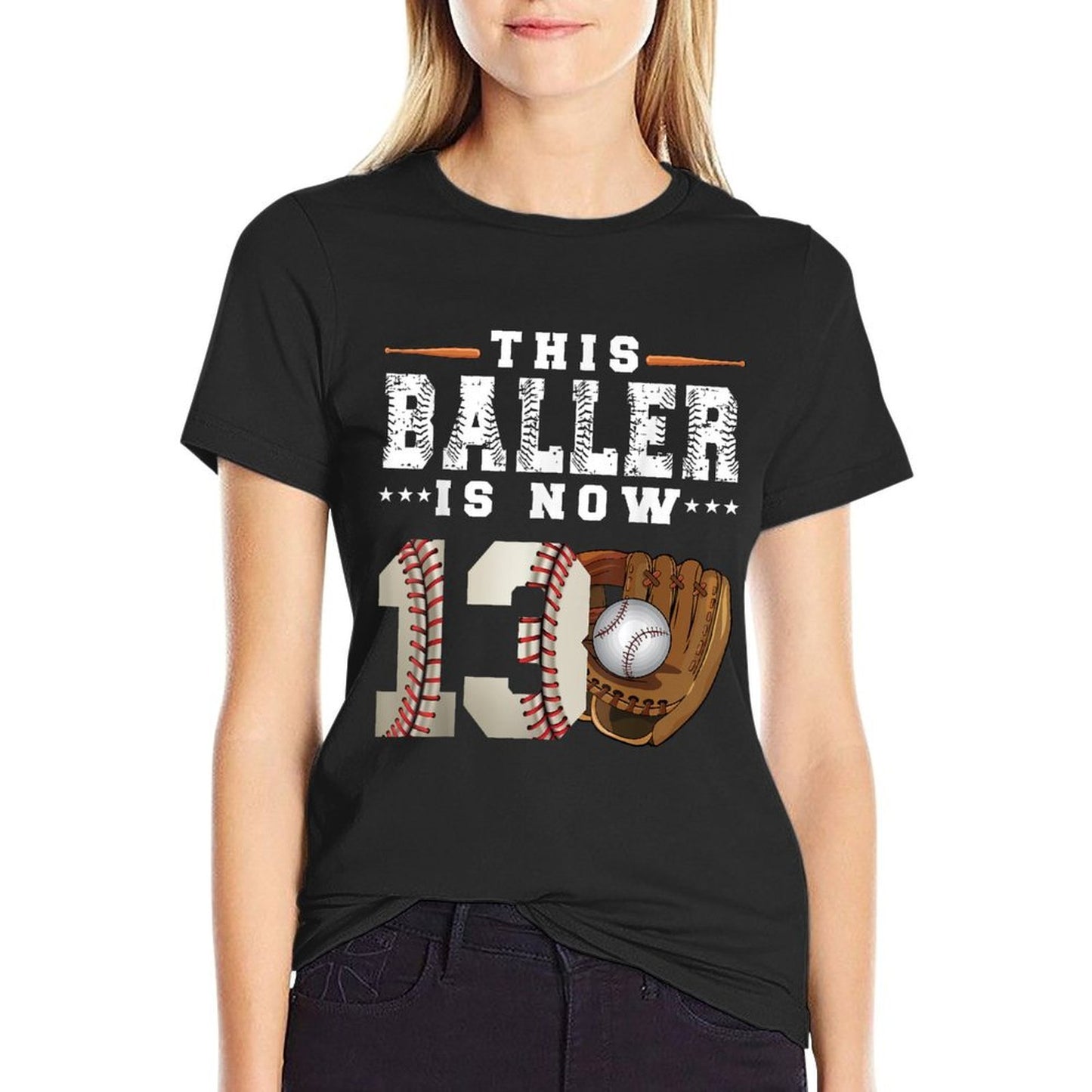 13 Years This Baller Is Now 13 Kids Baseball 13th Birthday  Ribbed Collar T-Shirt