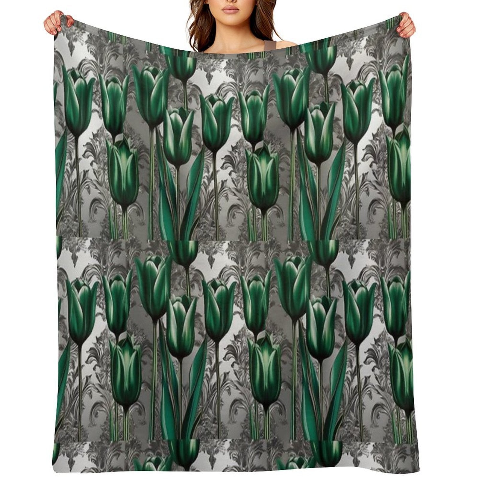 Emerald Green Tulips with Silver Baroque Compact Throw Blanket